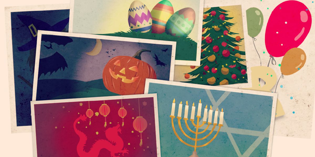 Ovos de Páscoa, uma árvore de Natal, balões, candelabro menorá, dragões e lanternas vermelhas chinesas, morcegos e uma abóbora usada no Dia das Bruxas