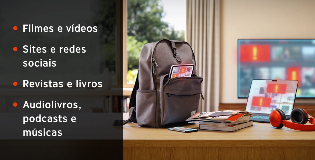Um tablet dentro de uma mochila, um celular, livros e revistas, um computador com fones de ouvido e uma TV. Uma lista de coisas que podem conter pornografia: 1. Filmes e vídeos. 2. Sites e redes sociais. 3. Revistas e livros. 4. Audiolivros, podcasts e músicas.
