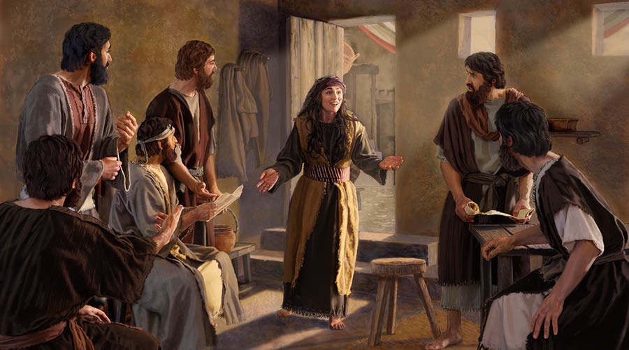 Maria Madalena entra correndo em uma sala onde os apóstolos e os discípulos estão reunidos, contando a eles com alegria: “Eu vi o Senhor!”