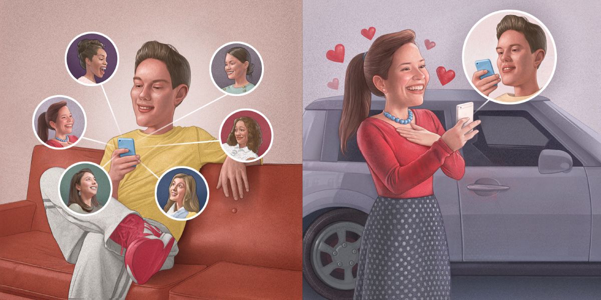 Um menino mandando mensagem para várias meninas, e uma dessas meninas acha que ele gosta dela