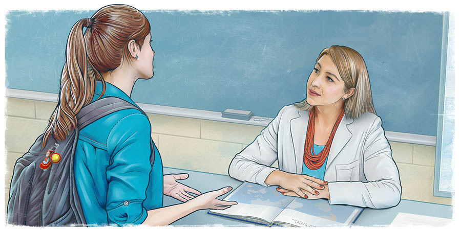 Maria conversando com sua professora depois da aula.