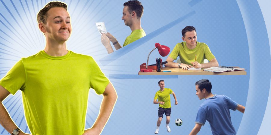 Um adolescente está feliz porque administrou bem seu tempo: primeiro ele leu a programação, depois fez as tarefas da escola e ainda teve tempo para jogar bola