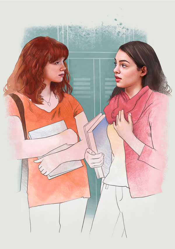 Uma adolescente explica suas crenças a uma colega