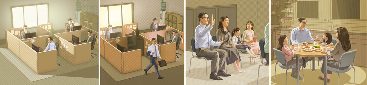 Conjunto de imagens: O mesmo homem tira tempo para as coisas mais importantes. 1. Ele trabalha num escritório durante o dia. 2. Ele vai para casa no fim do dia. 3. Ele levanta a mão para comentar na reunião. 4. Ele janta com a esposa e suas duas filhas.