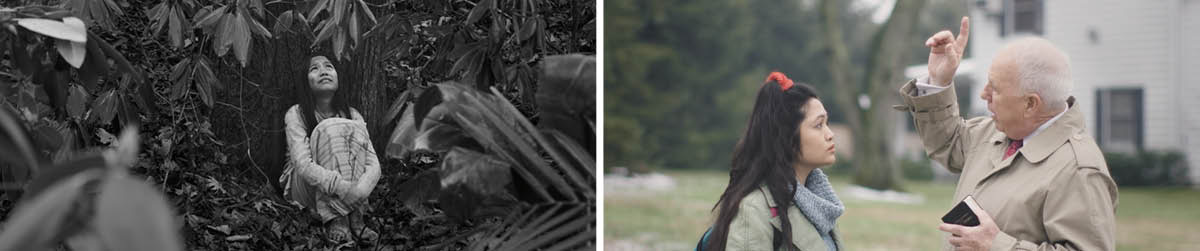 Conjunto de imagens: Cenas do vídeo ‘Minha procura pelo Deus verdadeiro’. 1. Soten, sentada debaixo de uma árvore na floresta, olha para o céu e ora ao Deus verdadeiro. 2. Herold ensina Soten que o nome de Deus é Jeová.