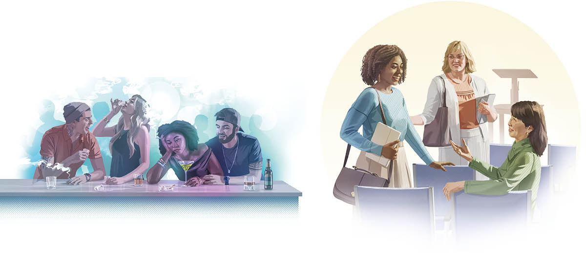 Conjunto de imagens: 1. Uma jovem infeliz ao lado do namorado. Ela bebe e fuma com os amigos numa casa noturna. 2. A mesma jovem conversa animada com algumas irmãs no Salão do Reino.