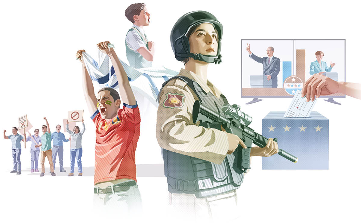 Conjunto de imagens: 1. Um grupo de pessoas enfurecidas protestando com cartazes. 2. Um homem segurando uma bandeira e torcendo pelo seu time numa competição esportiva. 3. Um aluno cantando o hino nacional. 4. Uma mulher soldado segurando uma arma. 5. Dois candidatos políticos num debate. 6. Uma mulher votando.