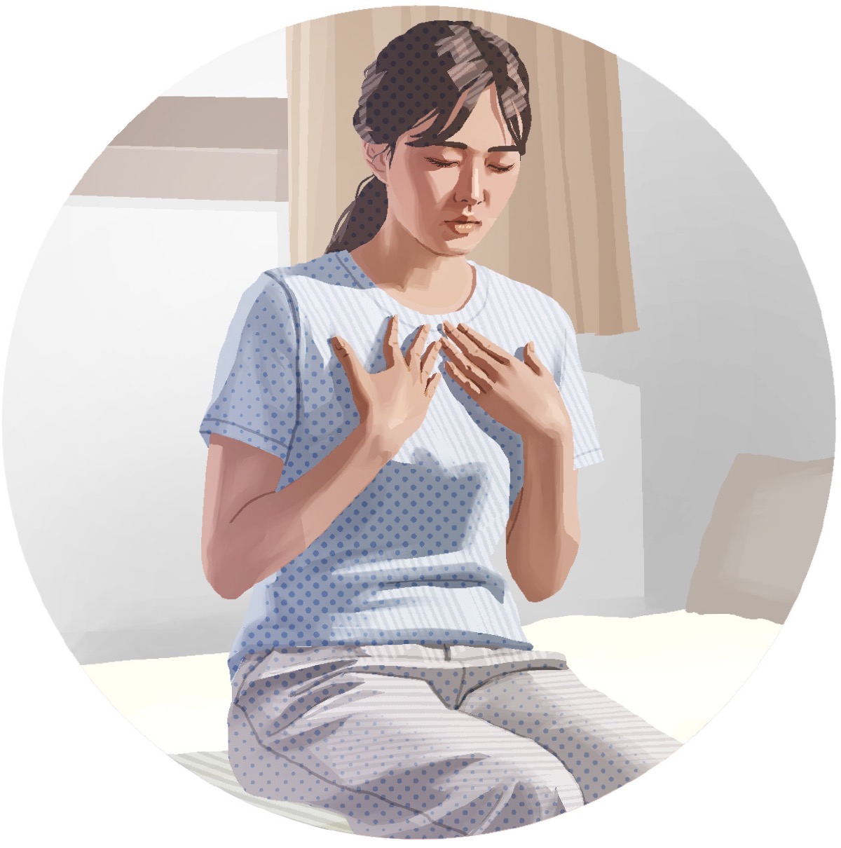 A mesma mulher orando a Jeová sozinha.