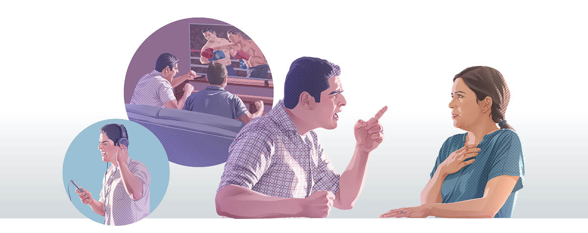 Conjunto de imagens: Coisas que levam um marido a ser grosseiro com a esposa. 1. Ele escuta música agressiva. 2. Todo empolgado, ele assiste a uma luta de boxe na TV com um amigo.