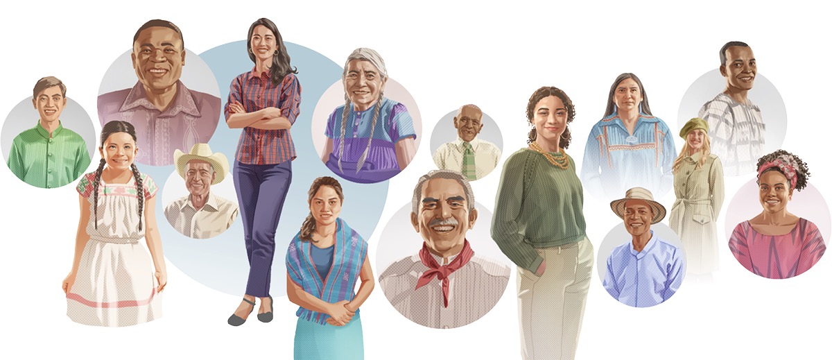 Homens e mulheres de várias idades, nacionalidades e culturas, usando diferentes estilos de roupa e cortes de cabelo que são apropriados para os cristãos.