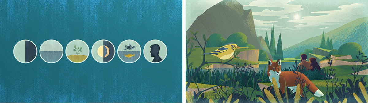 Conjunto de imagens: Cenas do vídeo ‘Como surgiu o Universo? — Trecho’. 1. Os seis dias criativos a partir do ponto de vista de um observador na Terra. 2. A Terra depois do sexto dia criativo, com sol, terra seca, água, vegetação, pássaros, animais terrestres e humanos.