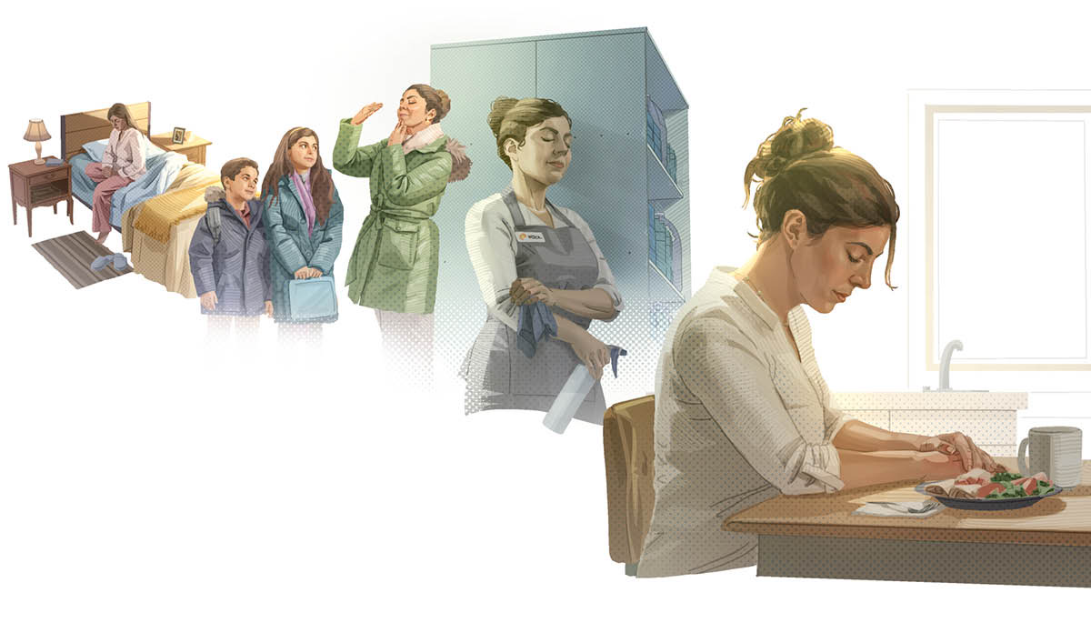 Conjunto de imagens: Uma mulher orando durante o dia. 1. De manhã. 2. Com os filhos. 3. No trabalho. 4. Antes de uma refeição.