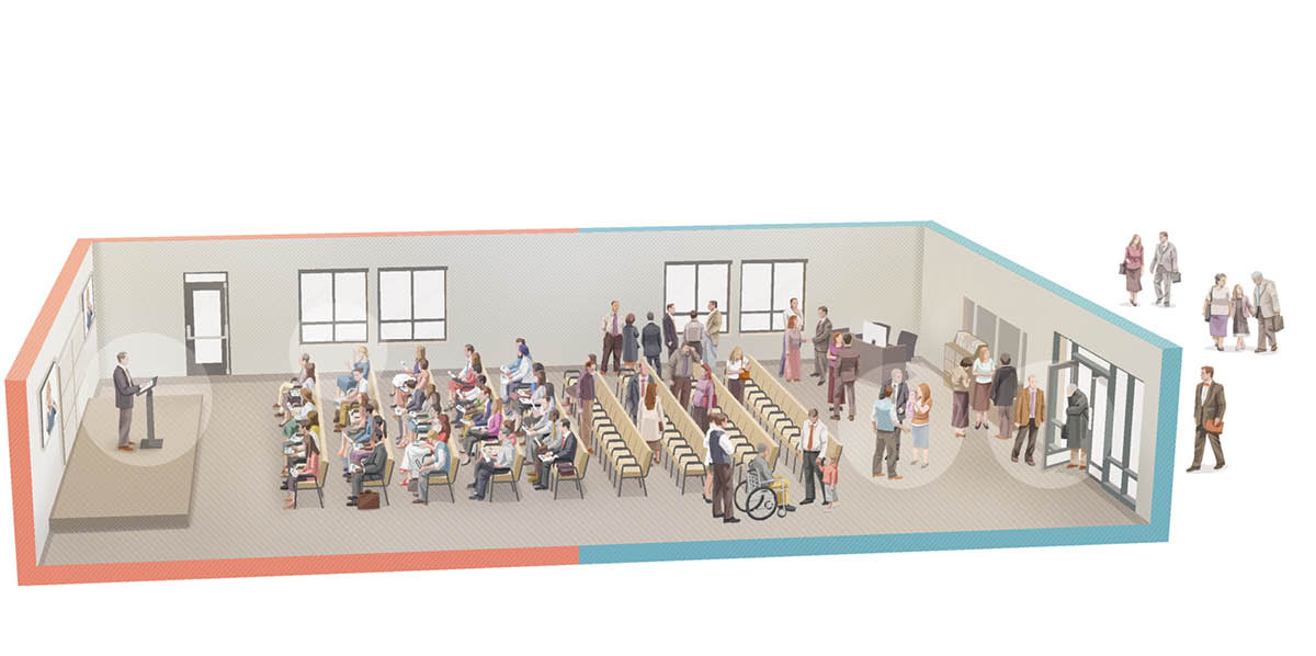 Conjunto de imagens: Cenas de um Salão do Reino antes, durante e depois de uma reunião. As cenas se repetem nas imagens A a D.