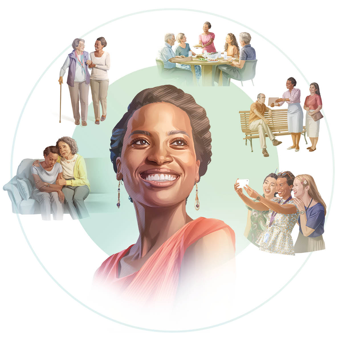 Conjunto de imagens: Com um sorriso no rosto, uma irmã batizada pensa nas boas amizades que tem com outros na congregação. 1. Ela desabafa com uma irmã. 2. Ela ajuda uma irmã idosa a caminhar. 3. Ela toma uma refeição com irmãos de várias idades. 4. Junto com outra irmã, ela prega para um homem. 5. Ela tira uma selfie com duas irmãs de outros países num congresso.