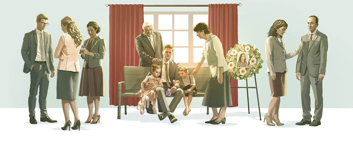 Um homem sentado num banco no funeral da esposa. Seus dois filhos pequenos estão junto com ele, tristes por causa da morte da mãe. Amigos e parentes se reúnem para dar a eles consolo e apoio.