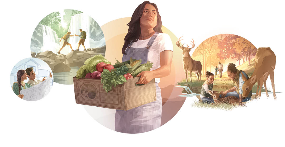 Conjunto de imagens: Pessoas vivendo felizes num paraíso na Terra. 1. Um casal fazendo trilha perto de uma cachoeira. 2. Um casal olhando o projeto de sua nova casa. 3. Uma mulher carregando uma caixa cheia de legumes frescos. 4. Mãe e filha acariciam um filhote de cervo. Pai e filho conversam.