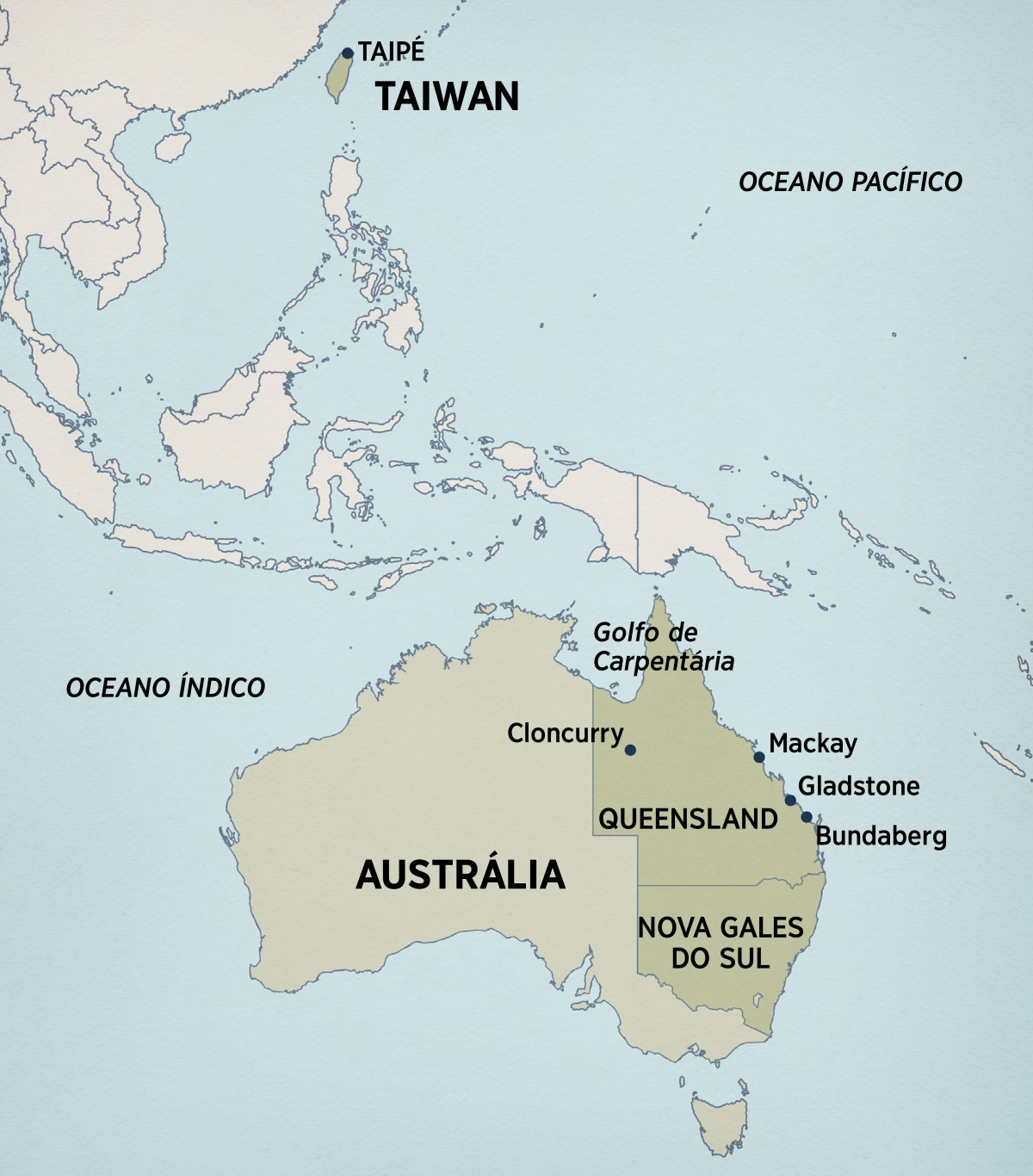 Um mapa da Austrália e do leste da Ásia mostrando os lugares em que Terry morou e pregou. Esses lugares incluem: Taipé, Taiwan; golfo de Carpentária, Cloncurry, Mackay, Gladstone e Bundaberg, no estado de Queensland, Austrália; e Nova Gales do Sul, Austrália.