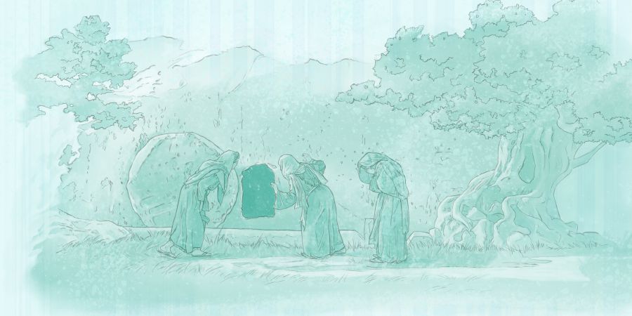 Mulheres olham para o túmulo vazio de Jesus