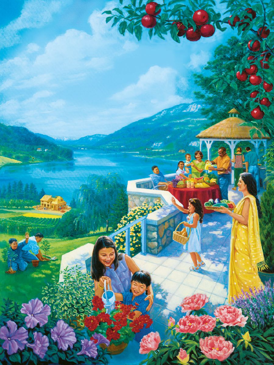 Pessoas no Paraíso constroem uma casa, cuidam da Terra e comem o que ela produrz