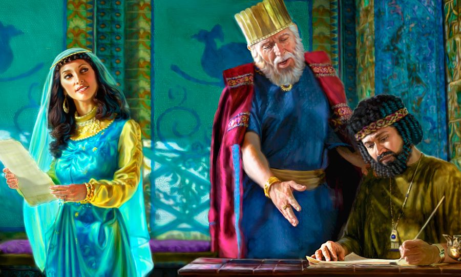 Ester vê Mordecai ditando uma nova lei para um secretário