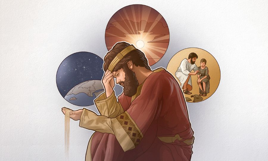 Um homem segura um punhado de pó e observa os céus estrelados, o sol e um pai que mostra compaixão por seu filho