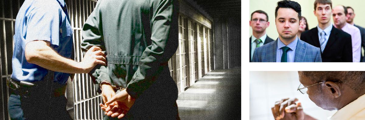 Um irmão algemado é levado para uma cela; alguns irmãos em um tribunal; um irmão orando