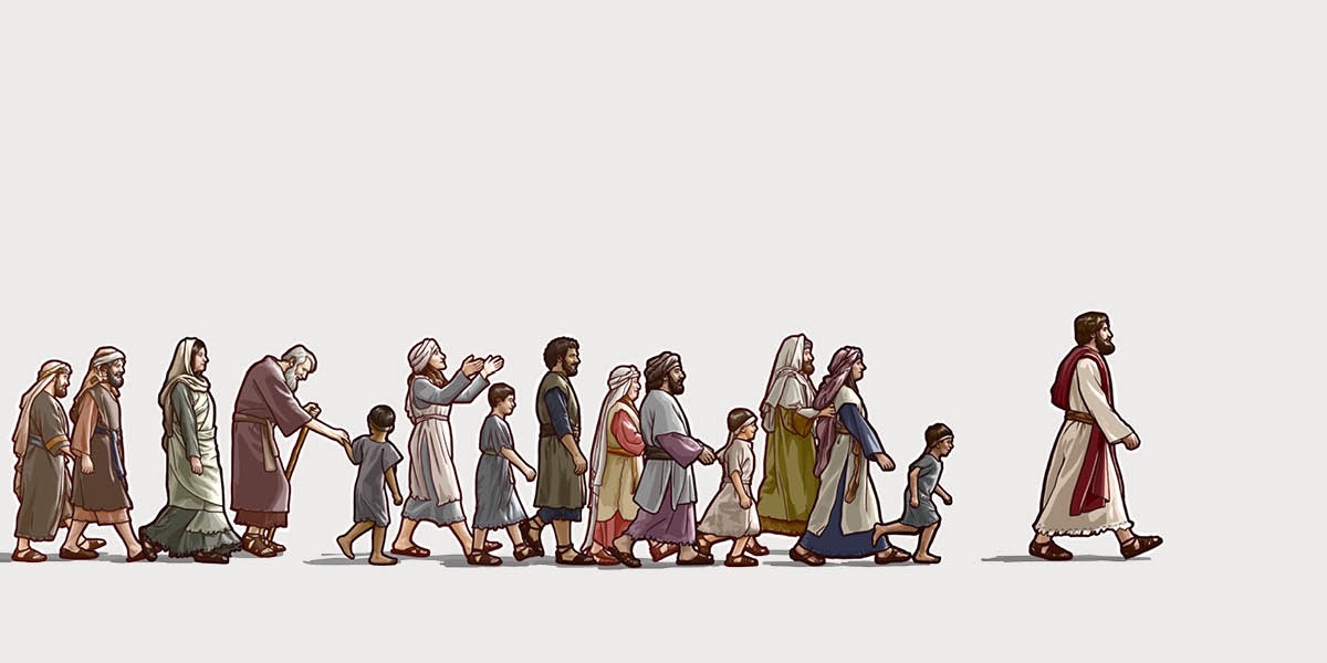 Pessoas de várias idades seguindo a Jesus