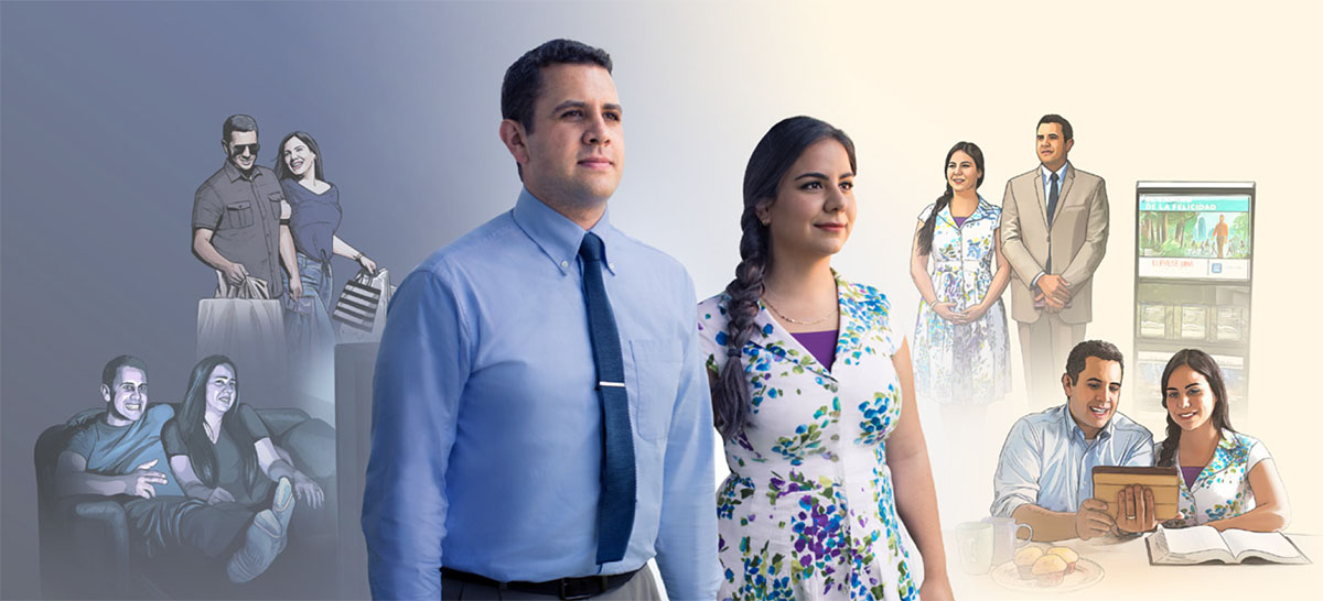 Um casal comparando o passado, quando passavam muito tempo comprando coisas e assistindo à TV, com a situação atual, onde trabalham no testemunho público e estão envolvidos na adoração em família