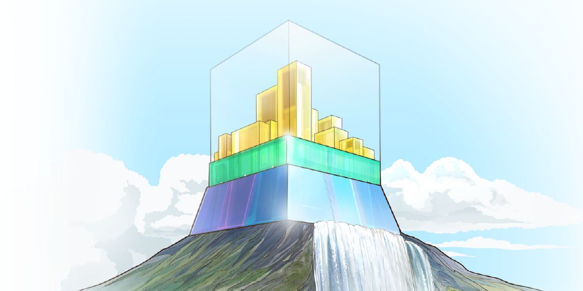 Desenho mostrando as muralhas da Nova Jerusalém feitas de pedras de jaspe; a cidade é de ouro puro, como vidro transparente