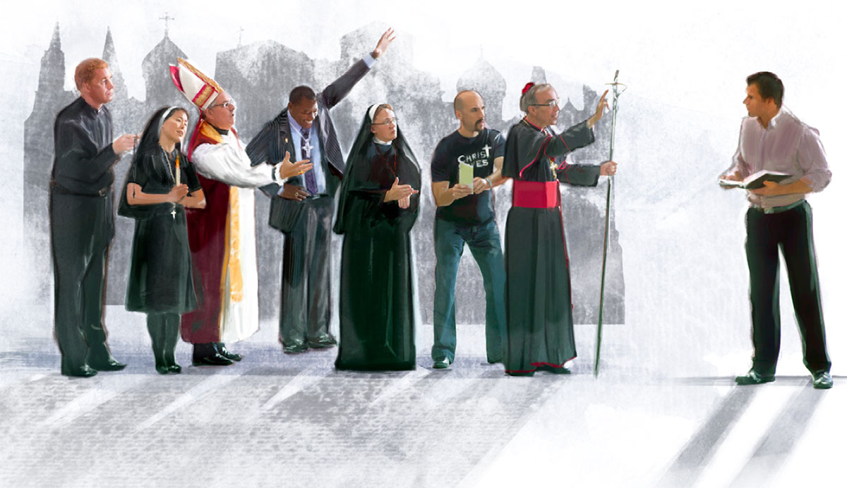 Um grupo de religiosos criticando um irmão que está segurando uma Bíblia