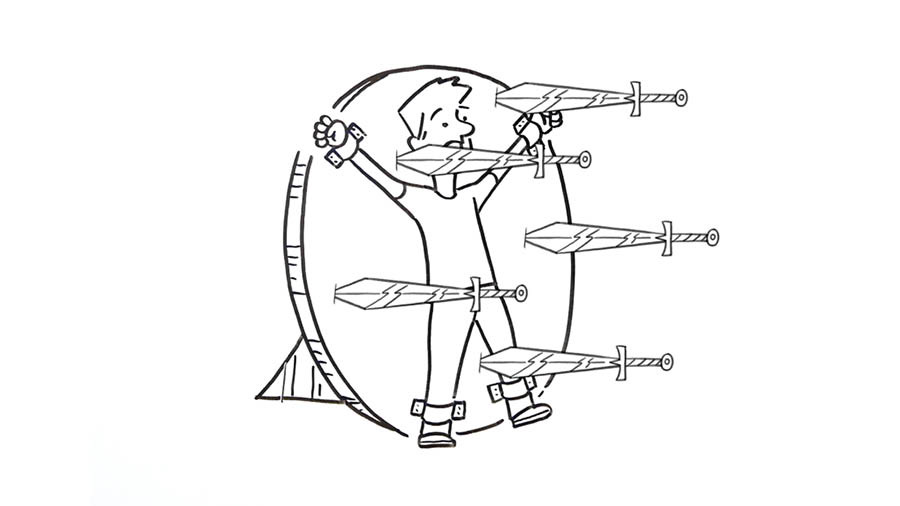 Desenho de um menino sendo usado como alvo para alguém que está arremessando facas.