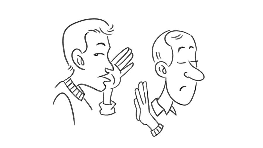 Desenho de um homem virando o rosto para alguém que quer contar uma fofoca.