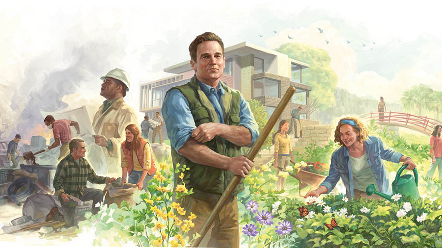 Conjunto de imagens: Pessoas transformando a Terra num paraíso. 1. Tirando escombros. 2. Construindo casas e caminhos. 3. Cultivando jardins.