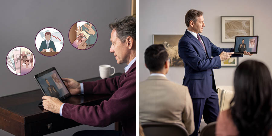 Conjunto de imagens: 1. Um irmão se preparando para dirigir a saída de campo. Ele está imaginando alguns folhetos, um noticiário na televisão e a reação negativa de um morador. 2. O mesmo irmão está dirigindo o campo no dia seguinte e está segurando uma Bíblia e um folheto.