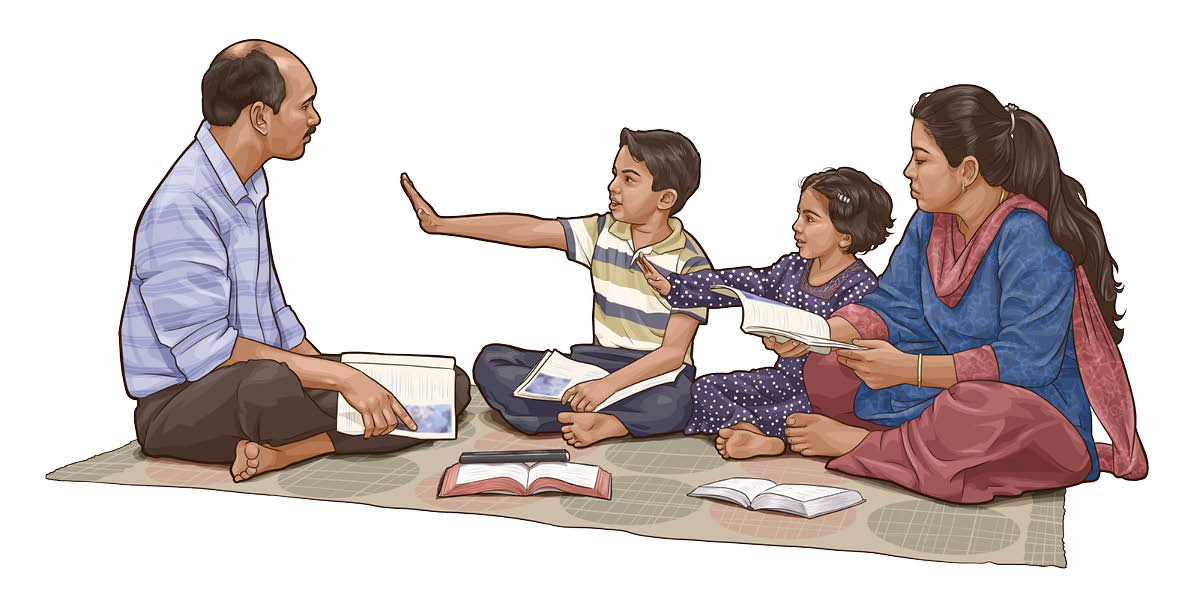 Crianças ensaiando com seus pais numa adoração em família como dizer ‘Não’ para se proteger.