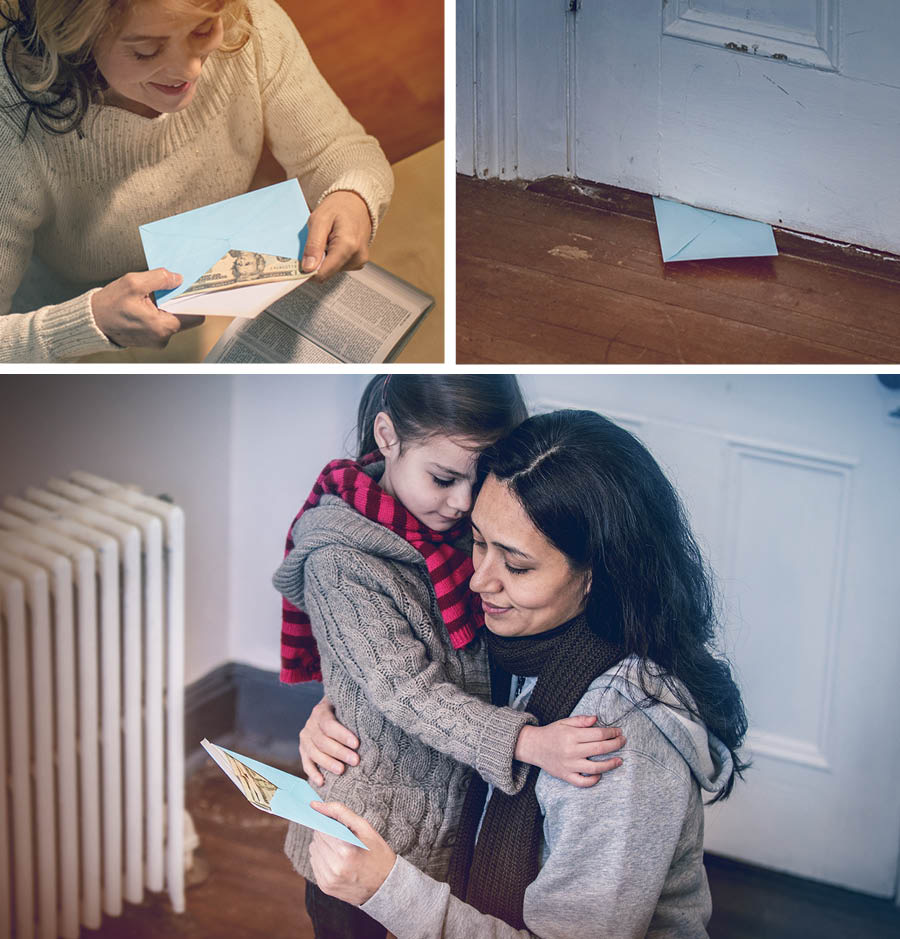 Conjunto de imagens que mostra como Jeová cuida das necessidades materiais dos seus servos: 1. Uma irmã está colocando dinheiro num envelope. 2. Esse envelope foi colocado debaixo de uma porta. 3. Uma mãe solteira e a filha dela estão abraçadas olhando para o dinheiro no envelope.
