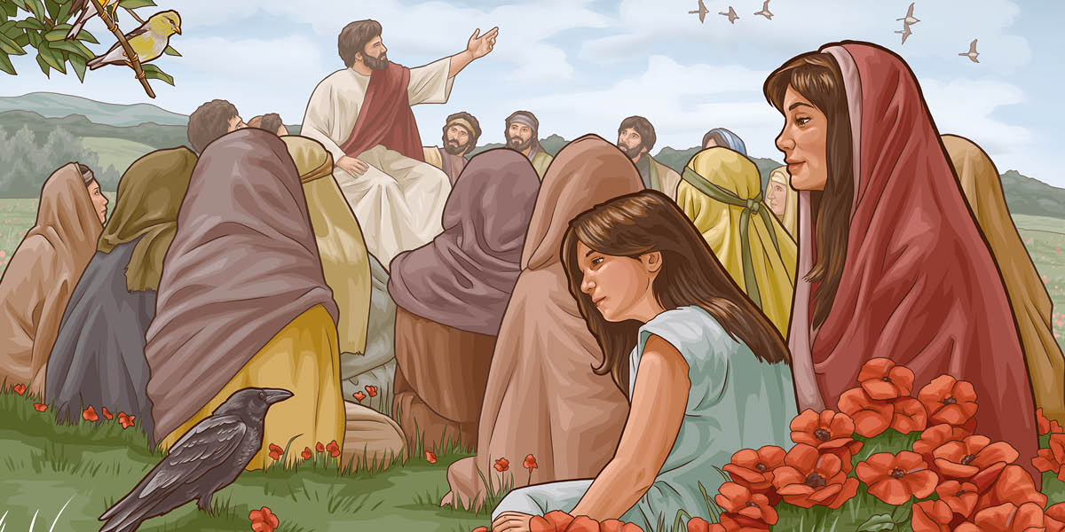 Mãe e filha olham para as flores e os pássaros à sua volta enquanto ouvem Jesus fazendo o Sermão do Monte.