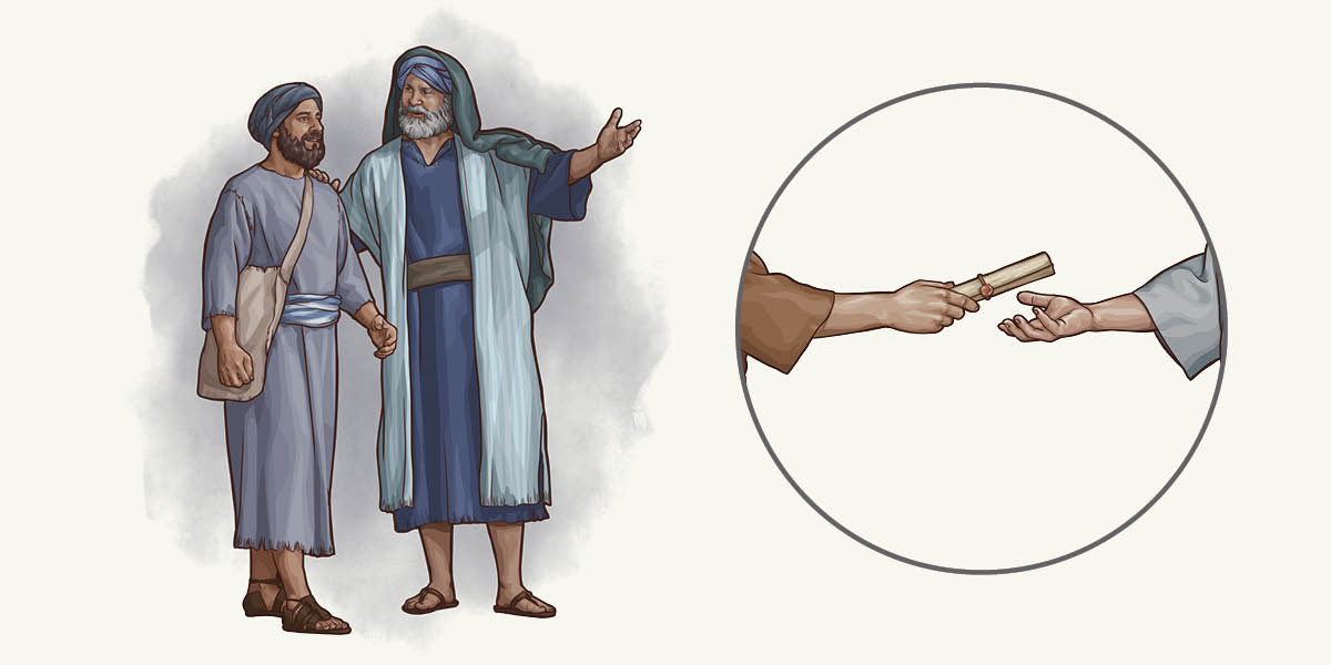 Conjunto de imagens: 1. Um israelita libertando seu escravo hebreu. 2. Um homem dos tempos bíblicos entregando um rolo fechado para outra pessoa.