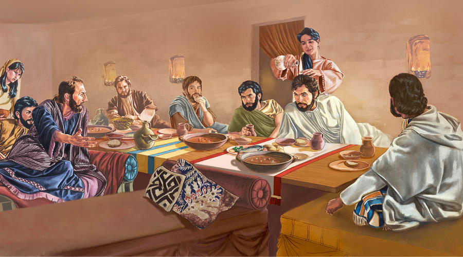 Enquanto Jesus está à mesa, Maria derrama óleo perfumado na cabeça dele.