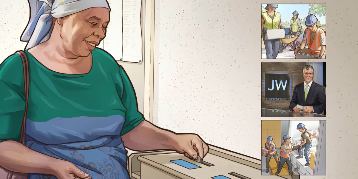 Uma irmã idosa põe um donativo na caixa de donativos no Salão do Reino. Conjunto de imagens: 1. Irmãos e irmãs ajudam num projeto de construção. 2. Um programa do JW Broadcasting®. 3. Irmãos e irmãs descarregam um caminhão com suprimentos para ajuda humanitária.