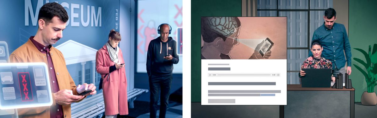 Conjunto de imagens: Cenas do vídeo “Será Que a Pornografia É um Pecado Contra Deus?” 1. Em pé num ponto de ônibus, dois homens e uma mulher estão mexendo no telefone celular. Os dois homens estão acessando na internet um conteúdo com as letras “XXX”. 2. Mais tarde, um dos homens está em casa com sua esposa; os dois estão lendo o artigo “A Bíblia condena a pornografia?” no site jw.org.