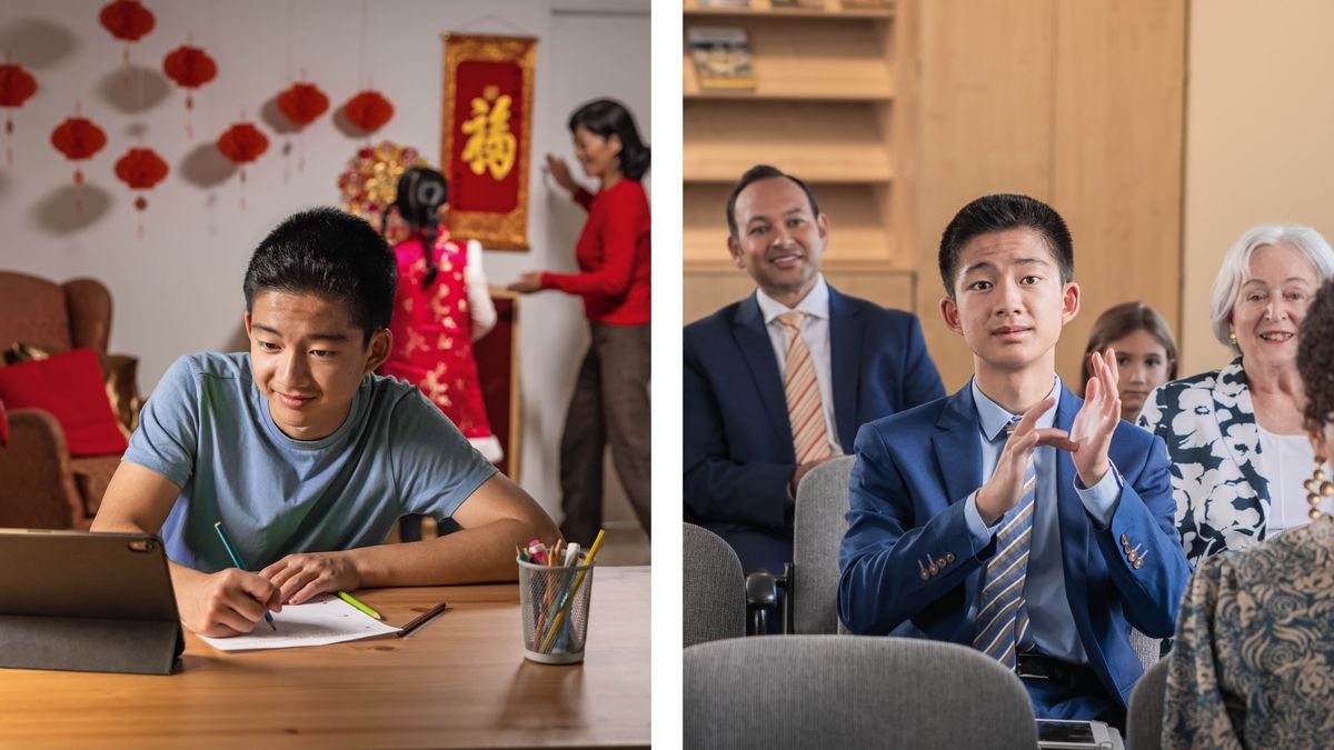 Conjunto de imagens: 1. Um irmão jovem estuda uma publicação enquanto sua família, que não é Testemunha de Jeová, decora a casa para um feriado. 2. O mesmo irmão jovem comentando numa reunião no Salão do Reino.