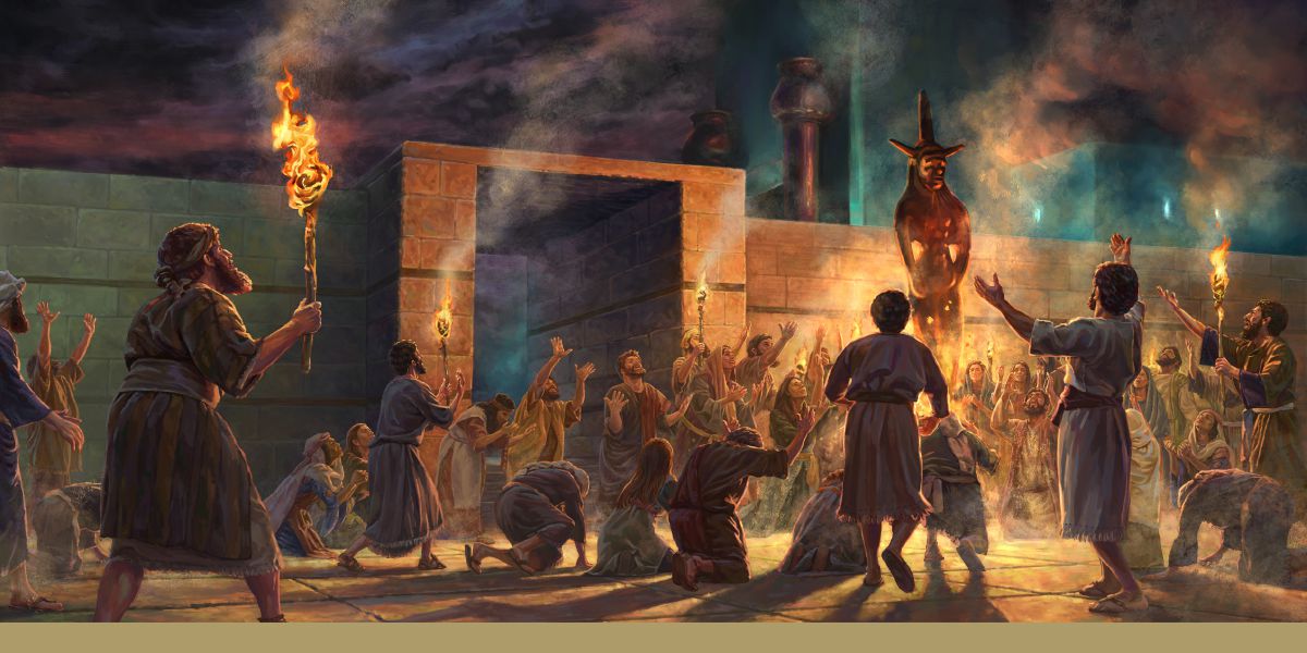 Na escuridão, judeus apóstatas adorando uma imagem no portão norte do templo em Jerusalém