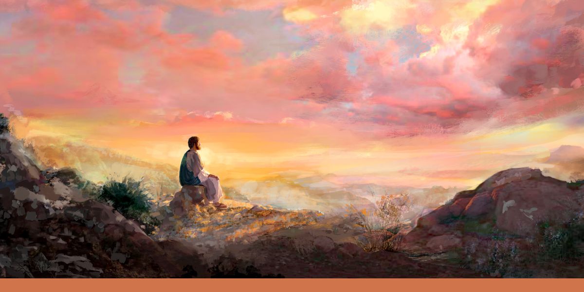 Jesus sentado nas pedras no deserto da Judeia meditando