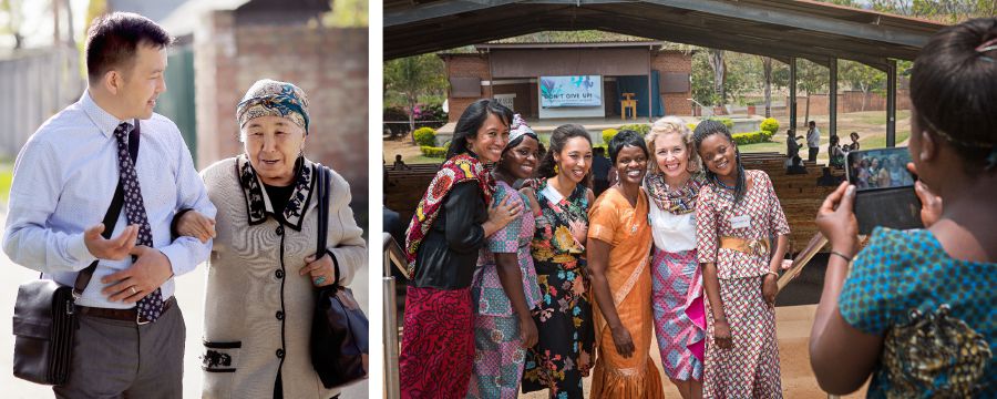 Colagem: Uma amorosa fraternidade mundial 1. Um irmão jovem dando seu braço como apoio para uma irmã idosa, enquanto eles trabalham no ministério de campo 2. Irmãs de várias raças tirando uma foto juntas em um congresso
