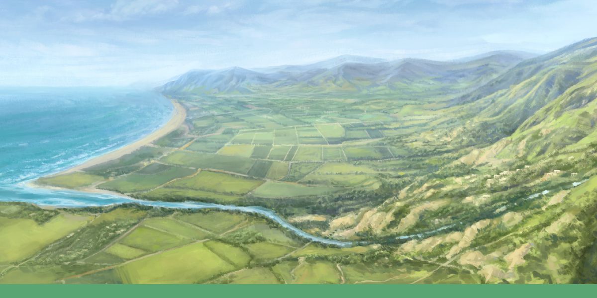 Um rio correndo em direção ao mar. O rio é cercado pela terra que seria distribuída como herança.