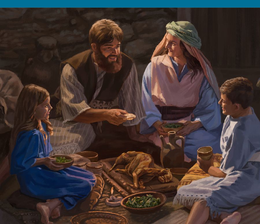 Uma família de israelitas celebrando a Páscoa