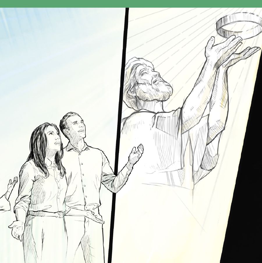 Colagem: Eventos durante o teste final 1. Humanos perfeitos olhando para os céus 2. Jesus devolvendo a coroa para Jeová