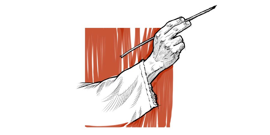 O homem com o tinteiro de secretário segurando uma caneta