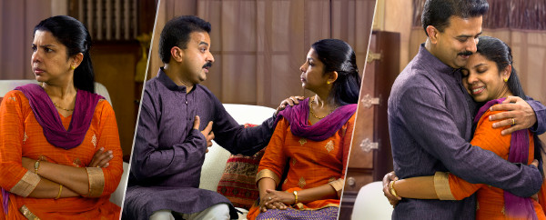 1. Uma esposa chateada com o marido; 2. O marido conversa com ela e pede perdão; 3. A esposa perdoa o marido